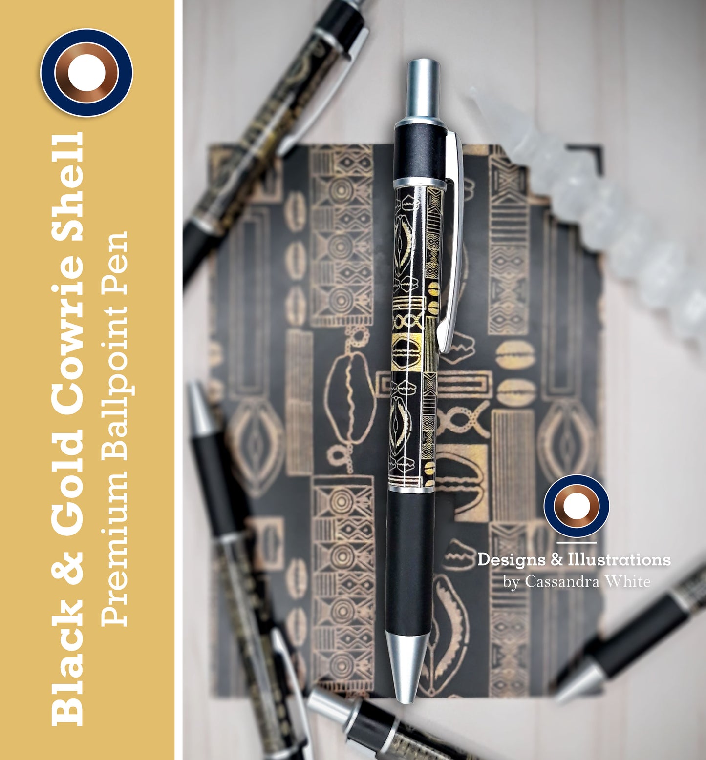 Black & Gold Cowrie Shell Premium Ballpoint Pen