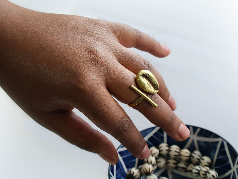 Abstract Cowrie Shell Brass Ring