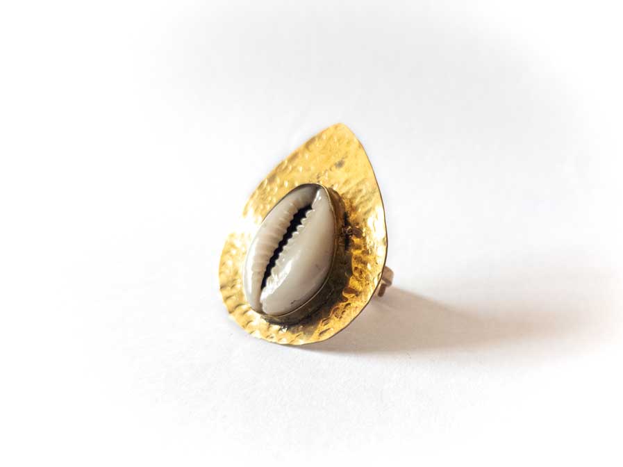 Kenyan Cowrie Shell Drop Brass Ring