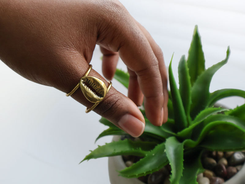 Kenyan Cowrie Shell Brass Cuff Ring