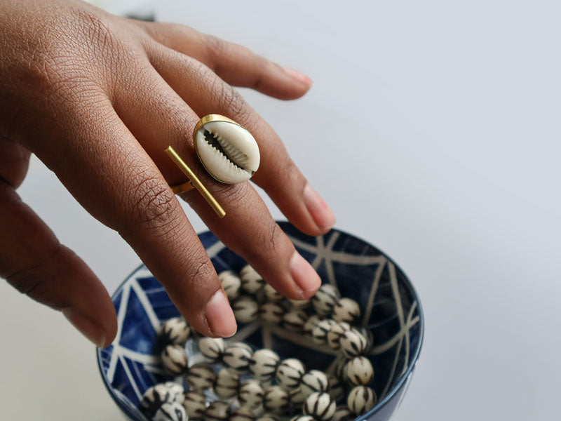 Abstract Cowrie Shell Brass Ring