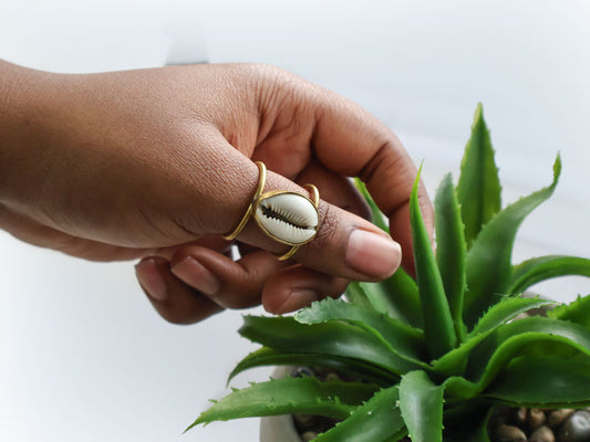 Kenyan Cowrie Shell Brass Cuff Ring