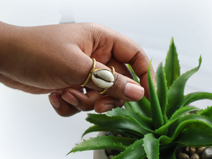 Kenyan Cowrie Shell Brass Cuff Ring